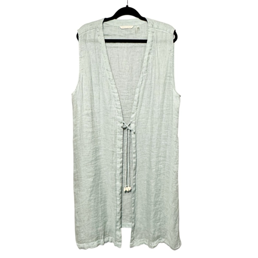 Soft Surroundings 100% Linen Long Seashell Self Tie Sleeveless Cardigan Vest